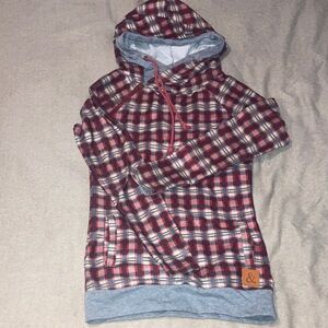 Red Plaid Hoodie with Gray Accents. Double hood and a cute zip for style .